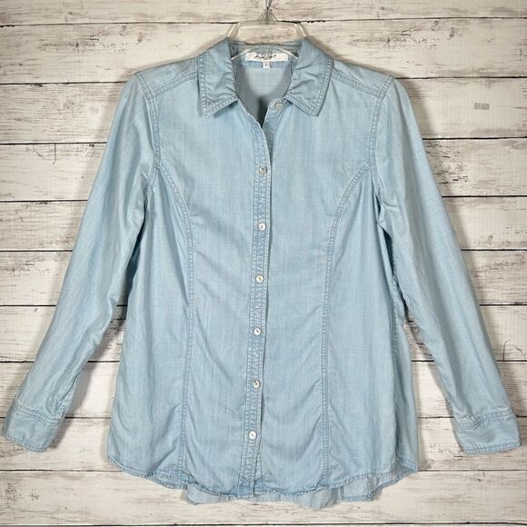 Foxcroft Light Wash Chambray Tencel Relaxed Tunic Top 8 - Picture 1 of 8
